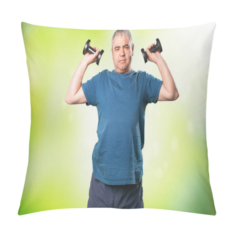 Personality  Mature Man Doing Exercise With Dumbbell Pillow Covers