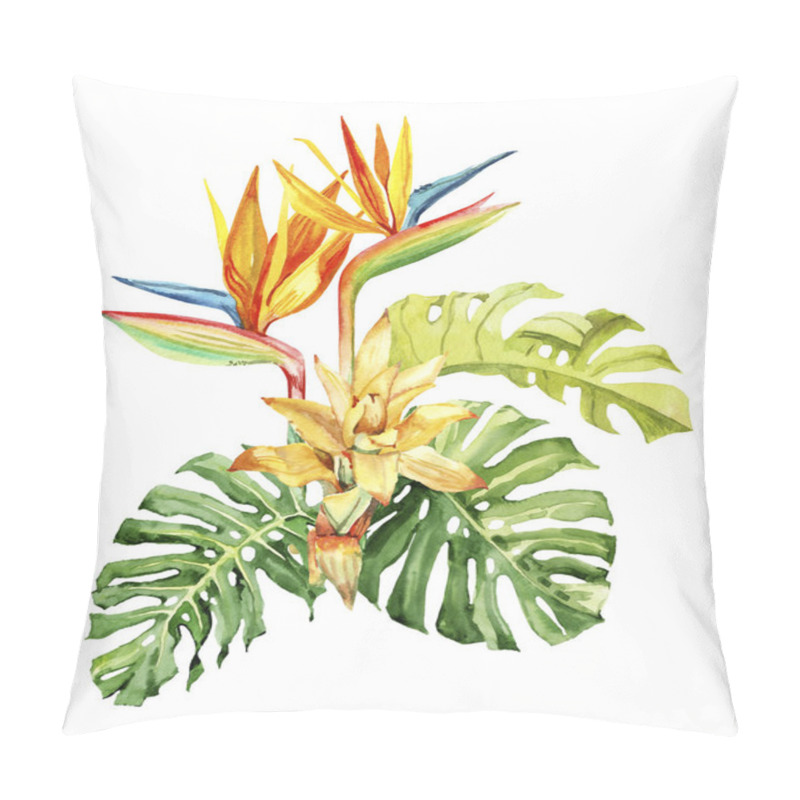 Personality  Watercolor Hand Drawn Rainforest Tropical Leaves And Flowers Bouquet Composition. Botanical Illustration Isolated On White Background. Hand Painted Watercolor Floral Clip Art Pillow Covers