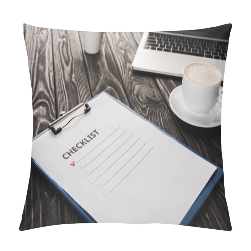 Personality  Selective Focus Of Clipboard With Checklist Near Laptop And Cup Of Coffee On Table, E-commerce Concept Pillow Covers