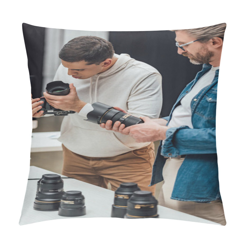 Personality  Bearded Art Director Holding Photo Lens Near Photographer  Pillow Covers