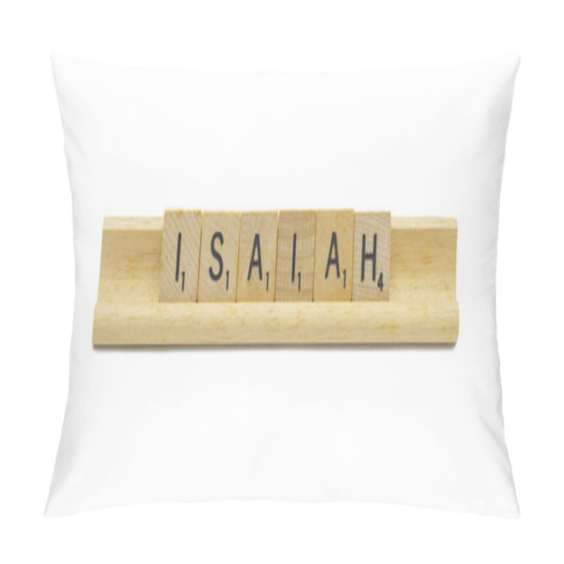 Personality  Miami, FL 4-18-24 Popular Baby Boy First Name Of ISAIAH Made With Square Wooden Tile English Alphabet Letters With Natural Color And Grain On A Wood Rack Holder Isolated On White Background Pillow Covers