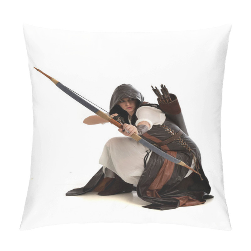 Personality  Full Length Portrait Of Lad Wearing Brown Leather Fantasy Costume, Kneeling Pose Holding A Bow And Arrow.  Isolated On A White Studio Background. Pillow Covers