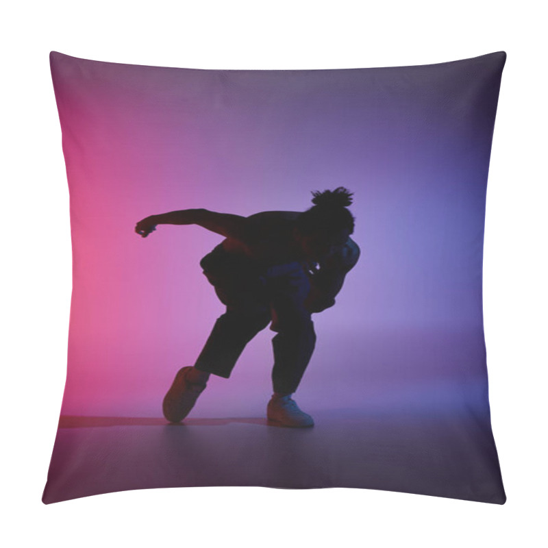 Personality  Silhouetted African American Man Dances Energetically Against Vibrant Background, Showcasing Contemporary Movement. Pillow Covers