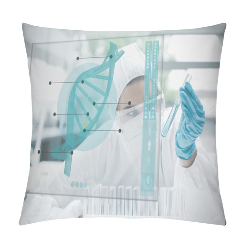 Personality  Chemist Working Cautiously With Blue Liquid And Futuristic Inter Pillow Covers