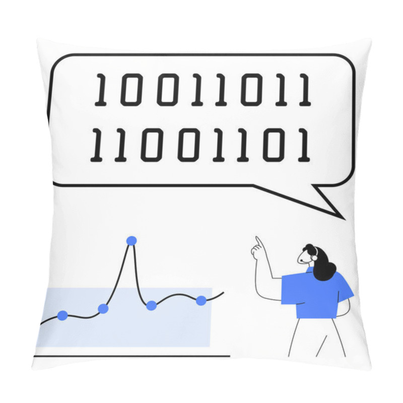 Personality  Binary Code Speech Bubble Line Graph With Data Points. Person Pointing Emphasizes Data Analysis. Ideal For Data Science Coding, Communication, Technology, Analytics, Education, Innovation. Line Pillow Covers