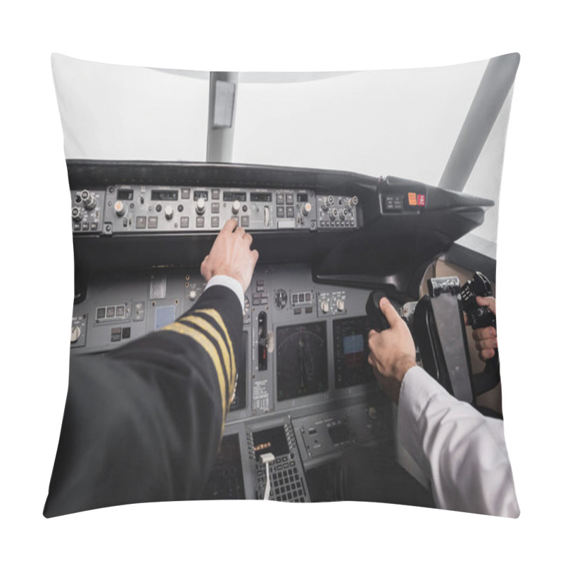 Personality  Cropped View Of Pilot Reaching Control Panel Near Co-pilot Using Yoke In Airplane Simulator  Pillow Covers