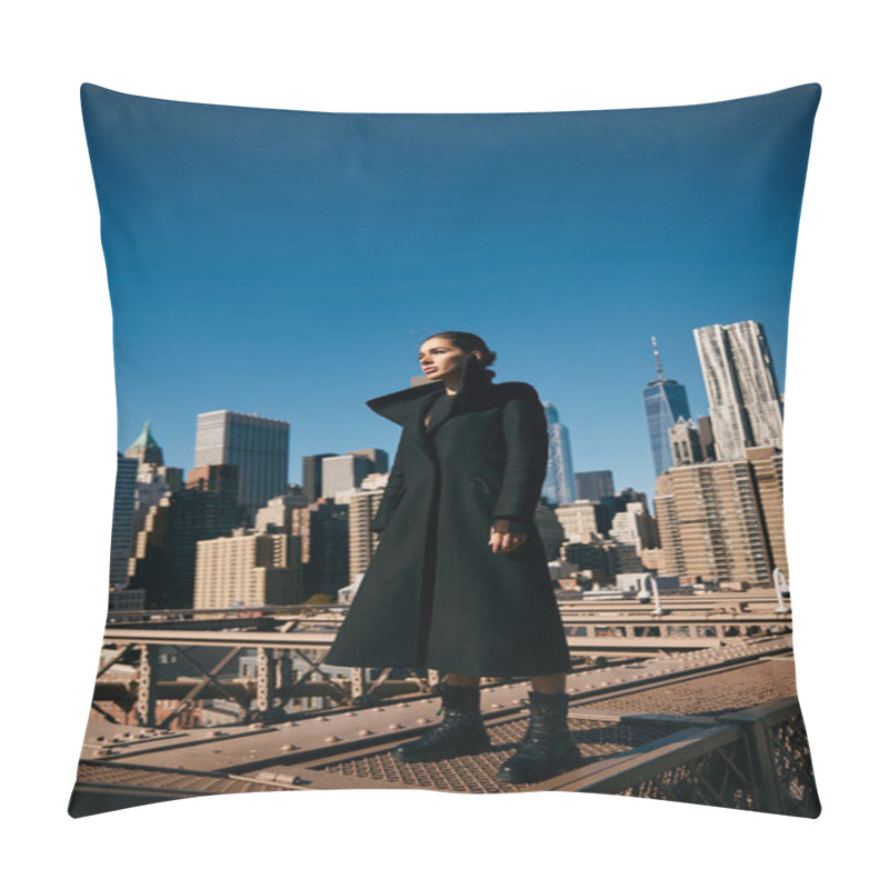 Personality  A Young Woman Stands On A Bridge In New York City, Her Silhouette Framed By The Towering Buildings. Pillow Covers