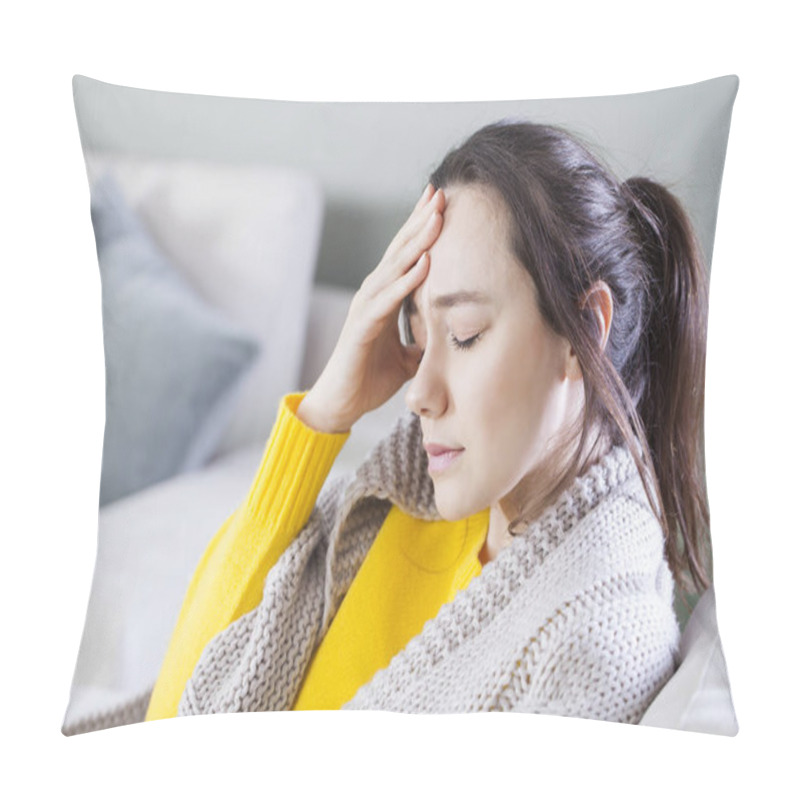 Personality  Young Woman With Headache Sitting On Sofa Pillow Covers