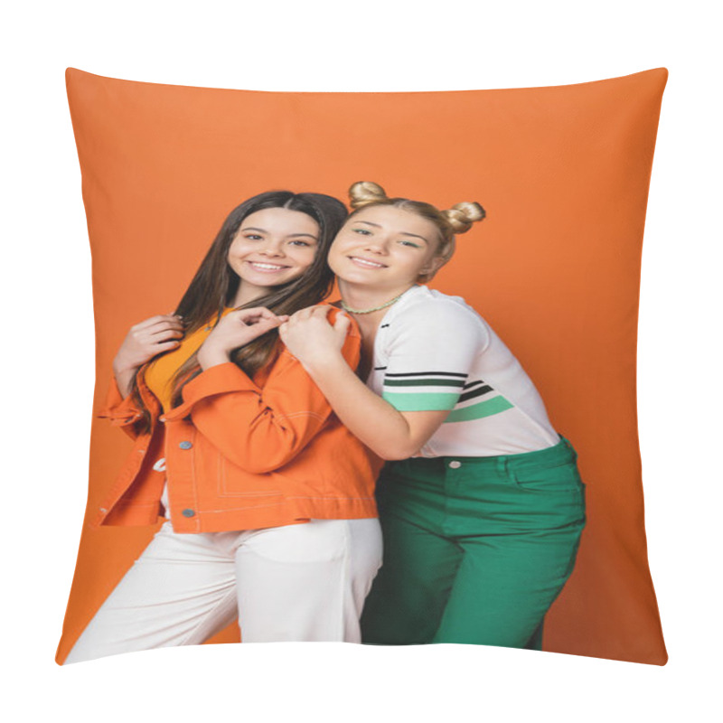 Personality  Joyful Blonde Teenage Girl With Bold Makeup Hugging Trendy Brunette Girlfriend In Casual Outfit And Looking At Camera Isolated On Orange, Fashionable Girls With Sense Of Style, Friendship And Bonding Pillow Covers