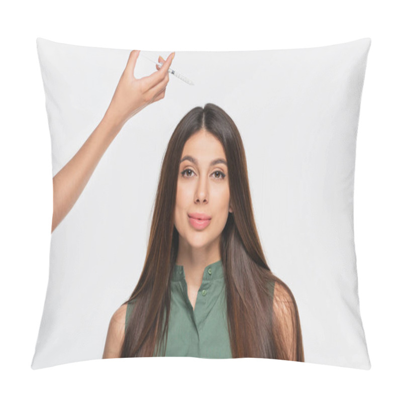 Personality  Beautician Holding Syringe With Cosmetic Filler Near Hair Of Woman Isolated On Grey Pillow Covers