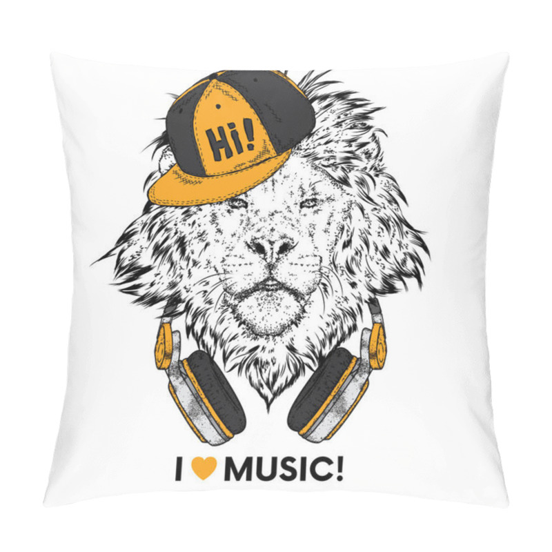 Personality  A Beautiful Lion Wearing Headphones. Vector Illustration For A Postcard Or A Poster, Print For Clothes. I Love Music. Pillow Covers