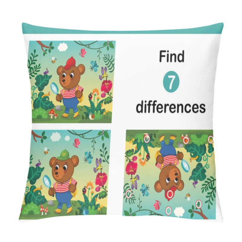 Personality  Find 7 Differences Educational Game With A Cute Cartoon Bear Character. Vector Illustration. Pillow Covers