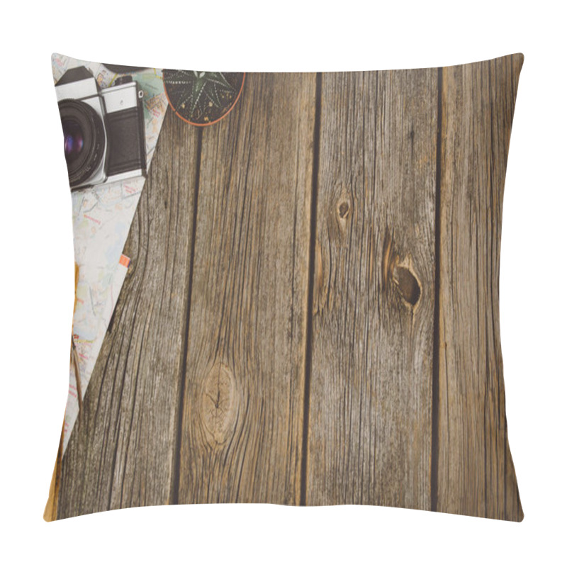 Personality  Travel Accessories Top View On Wooden Background With Copy Space Pillow Covers