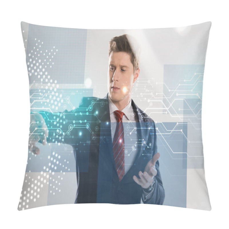 Personality  Confident Businessman In Suit Pointing With Hands At Network Illustration In Front  Pillow Covers