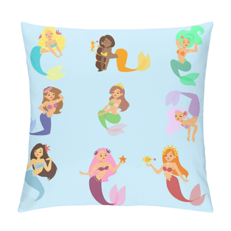 Personality  Mermaid Vector Girl Character Design Coral Set Aquatic Life Concept Illustration. Human Mythical Fish Woman Undersea Drawing Mermaid Nixie Character. Cartoon Nymph Girl Sea Mermaid Nixie Character Pillow Covers