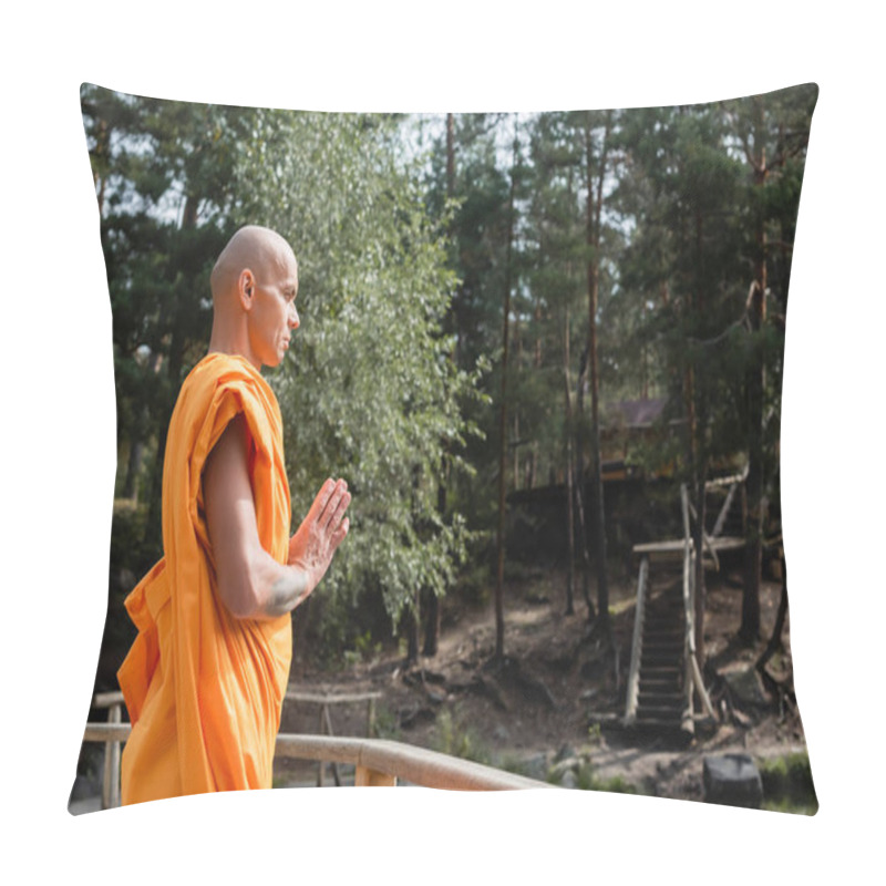 Personality  Side View Of Buddhist Meditating With Praying Hands Near Wooden Fence In Forest Pillow Covers