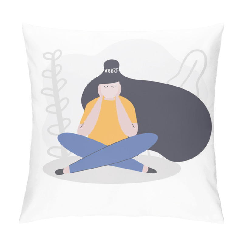 Personality  Tired And Bored Woman Sits And Holds Her Head In Her Hands. Experience Apathy And Depression,boredom, Poor Health Exhausted Concept. Flat Illustration. Pillow Covers