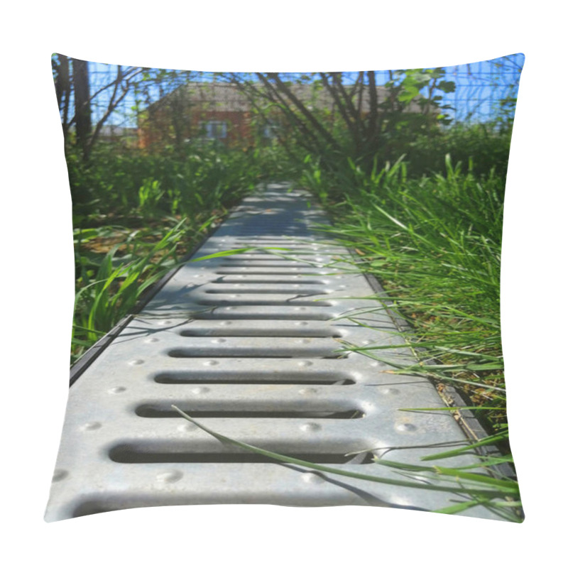 Personality  Drainage Systems. Idea - Building A House, Storm Taps. Metal Construction From The Roof - Sewer And Grate On The Ground For Draining Water Closeup. Sunny Day, Green Grass Pillow Covers