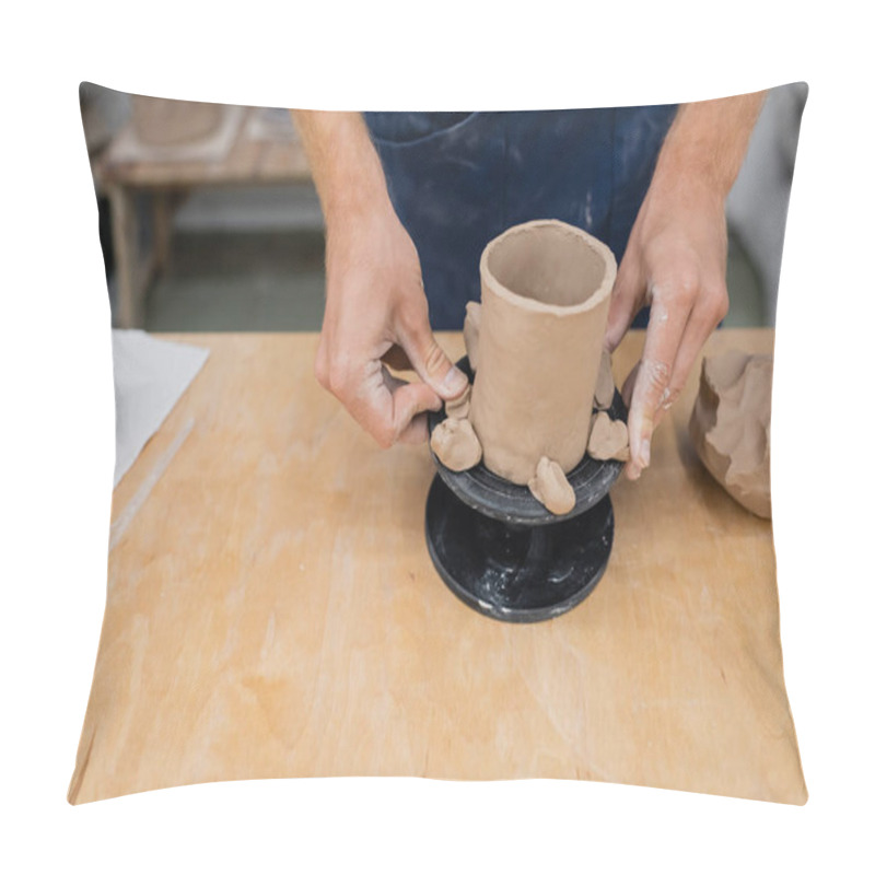 Personality  Cropped View Of Craftsman Making Ceramic Sculpture In Pottery Workshop  Pillow Covers