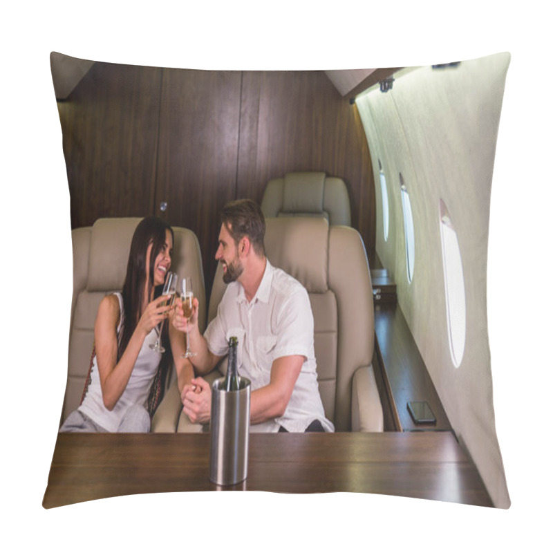 Personality  Happy Couple Travelling On A Luxury Private Jet - Young Adults Travel On A First Class Flight, Concepts About Travel And Lifestyle Pillow Covers