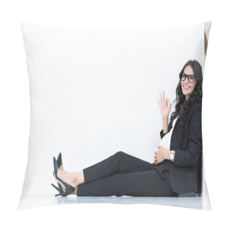 Personality  Pregnant Businesswoman Showing Okay Sign Pillow Covers