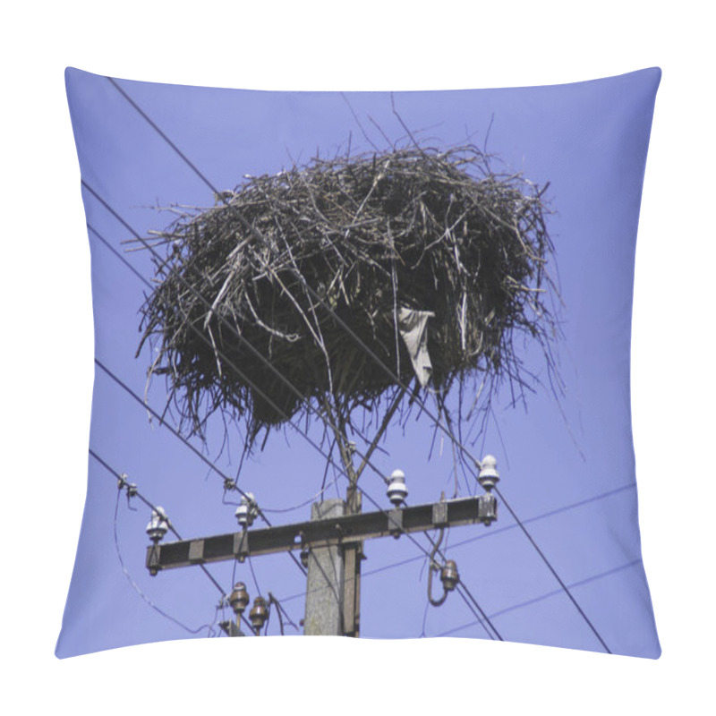 Personality  Empty Stork Nest Made With Branches At The Top Of An Electrical Tower Pillow Covers