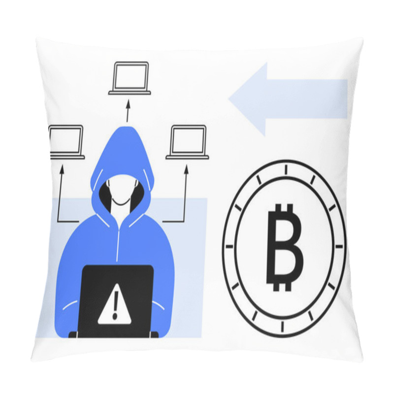 Personality  Hooded Figure On Laptop With Warning Sign, Surrounded By Connected Computers And Bitcoin Symbol. Ideal For Cybersecurity, Hacking, Cryptocurrency, Data Protection, Fraud Prevention, Online Safety Pillow Covers