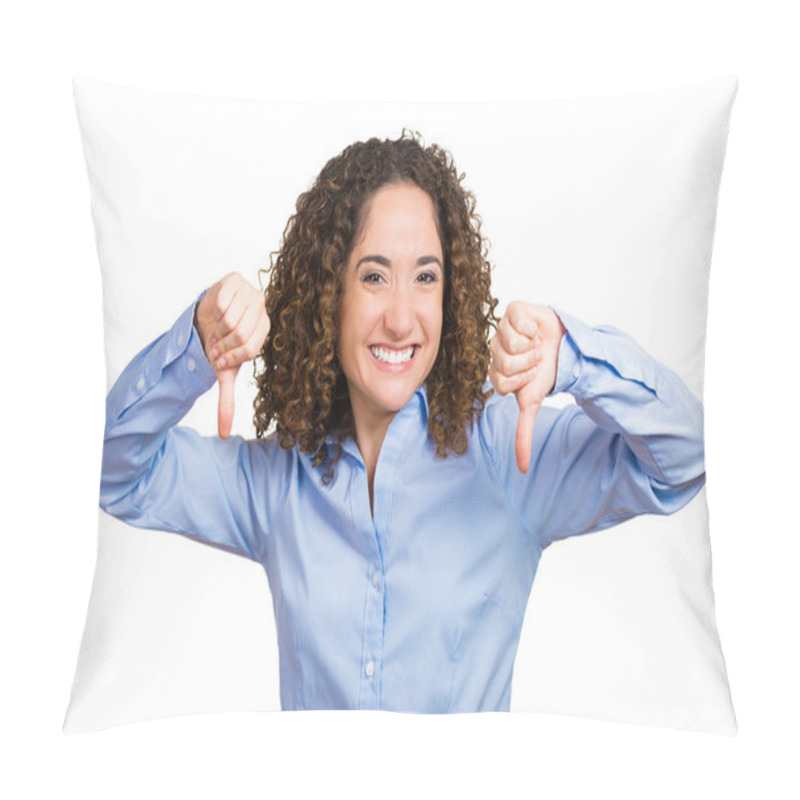 Personality  Young Woman Showing Thumbs Down, Happy Someone Failed Pillow Covers