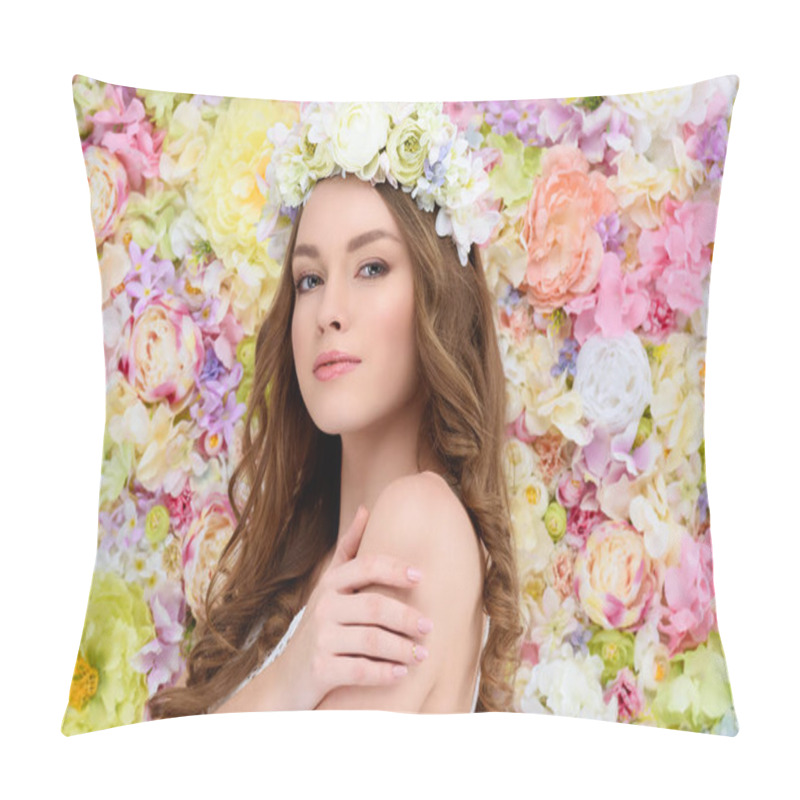 Personality  Sensual Young Woman In Floral Wreath On Flral Background Pillow Covers