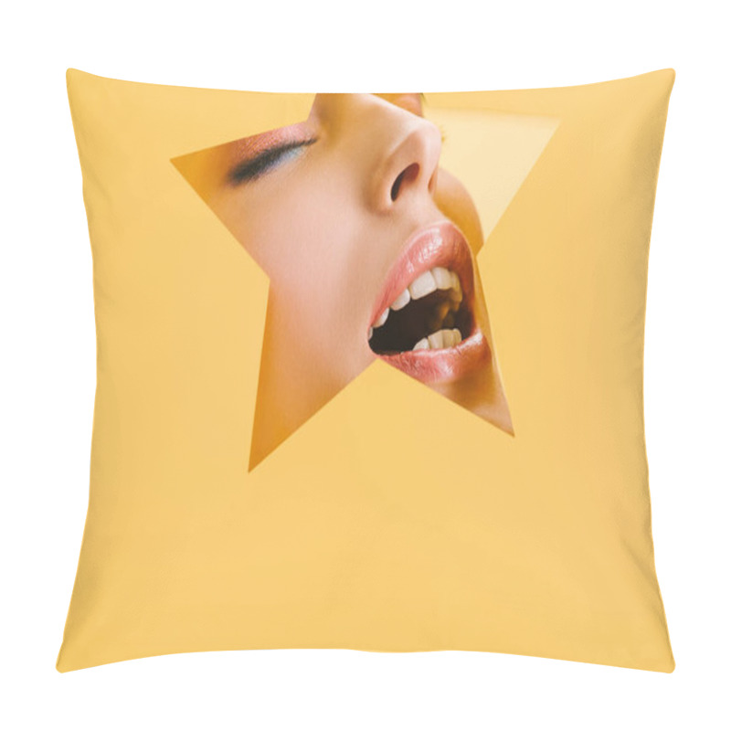 Personality  Portrait Of Beautiful Woman With Shiny Makeup In Paper Star Shaped Hole With Closed Eyes And Open Mouth Isolated On Yellow Pillow Covers