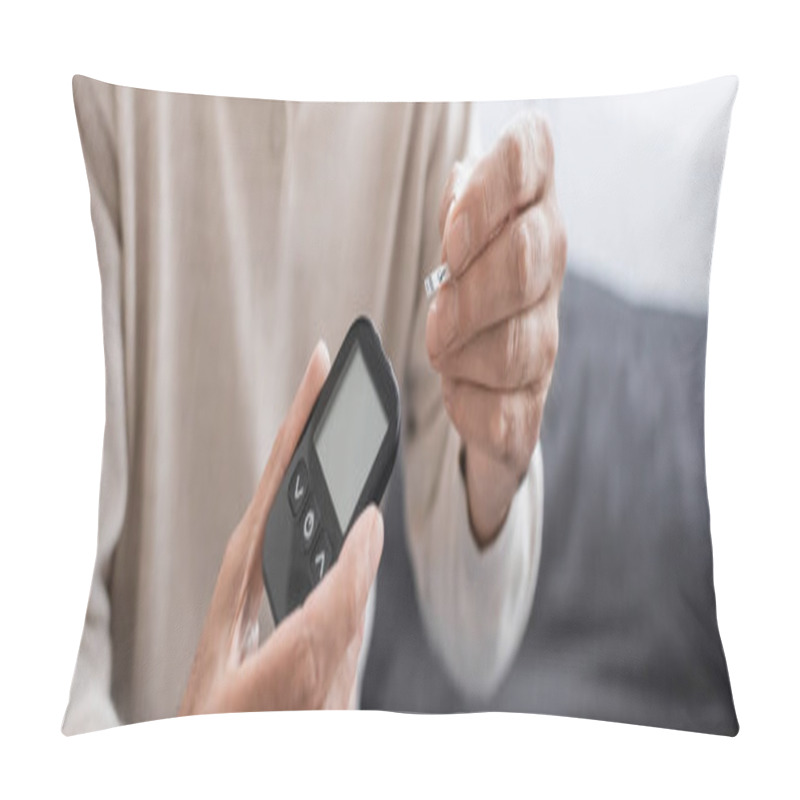 Personality  Cropped View Of Middle Aged Man With Diabetes Holding Glucose Meter Device And Test Strip, Banner Pillow Covers