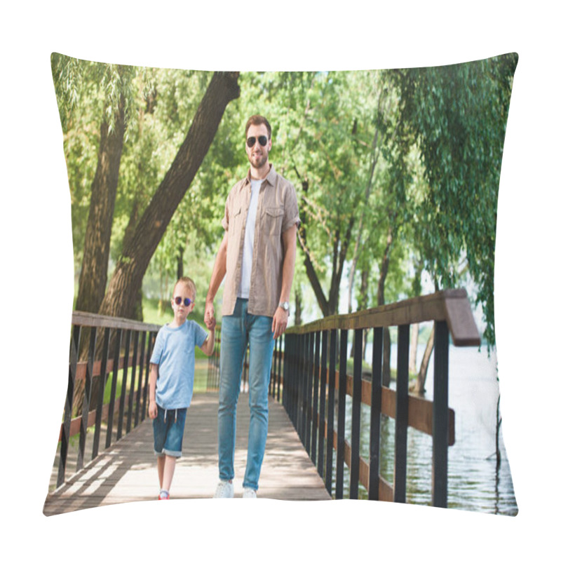 Personality  Father And Son In Sunglasses Holding Hands And Walking On Bridge At Park Pillow Covers