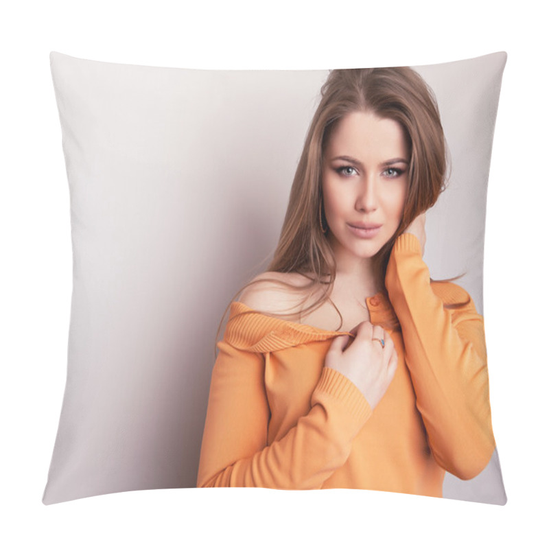 Personality  Young Sensual & Beauty Model Girl Iin Casual Orange Sweater Pose In Studio. Pillow Covers