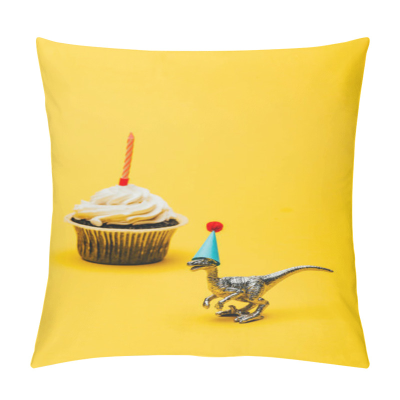 Personality  Toy Dinosaur In Party Cap And Cupcake With Candle On Yellow Background Pillow Covers