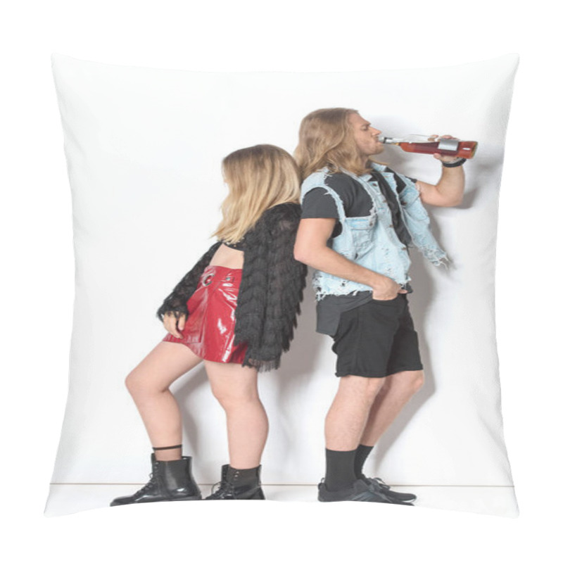 Personality  Side View Of Young Addicted Couple With Bottle Of Rum On White Pillow Covers