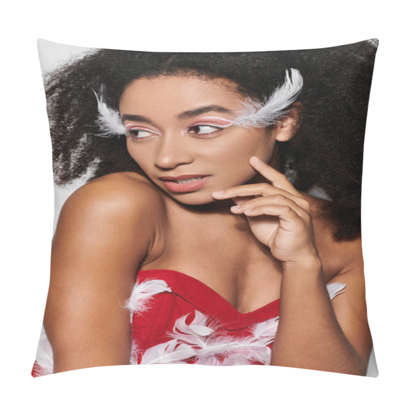 Personality  A Young Woman With Curly Hair Stylishly Showcases Her Striking Red Outfit Adorned With Feathers. Pillow Covers