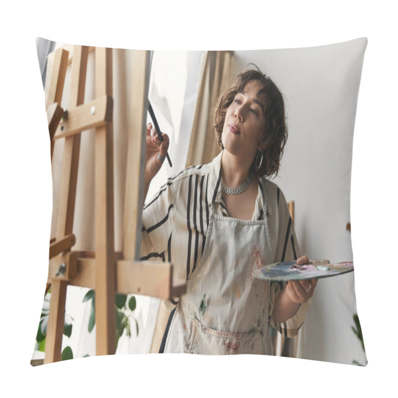 Personality  A Young Woman With Curly Hair Passionately Paints At Her Easel, Surrounded By Modern Decor. Pillow Covers