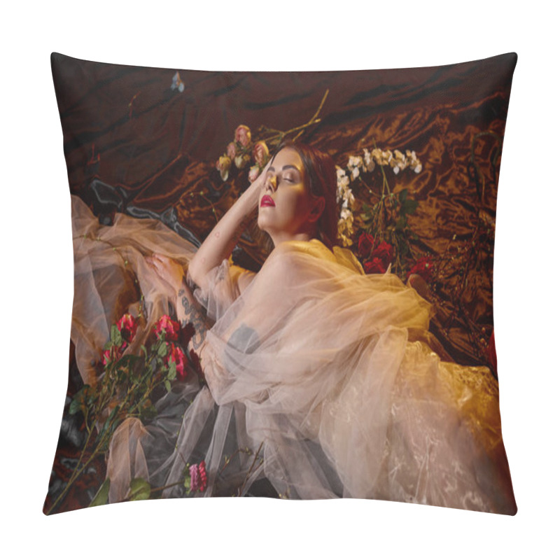 Personality  Charming Young Woman In Romantic Transparent Dress Lying Among Blooming Flowers, Closed Eyes Pillow Covers