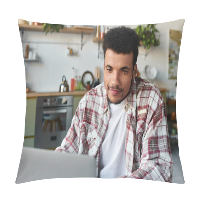 Personality  A Young Handsome Man Concentrates On His Laptop While Sitting In A Stylish Cafe. Pillow Covers