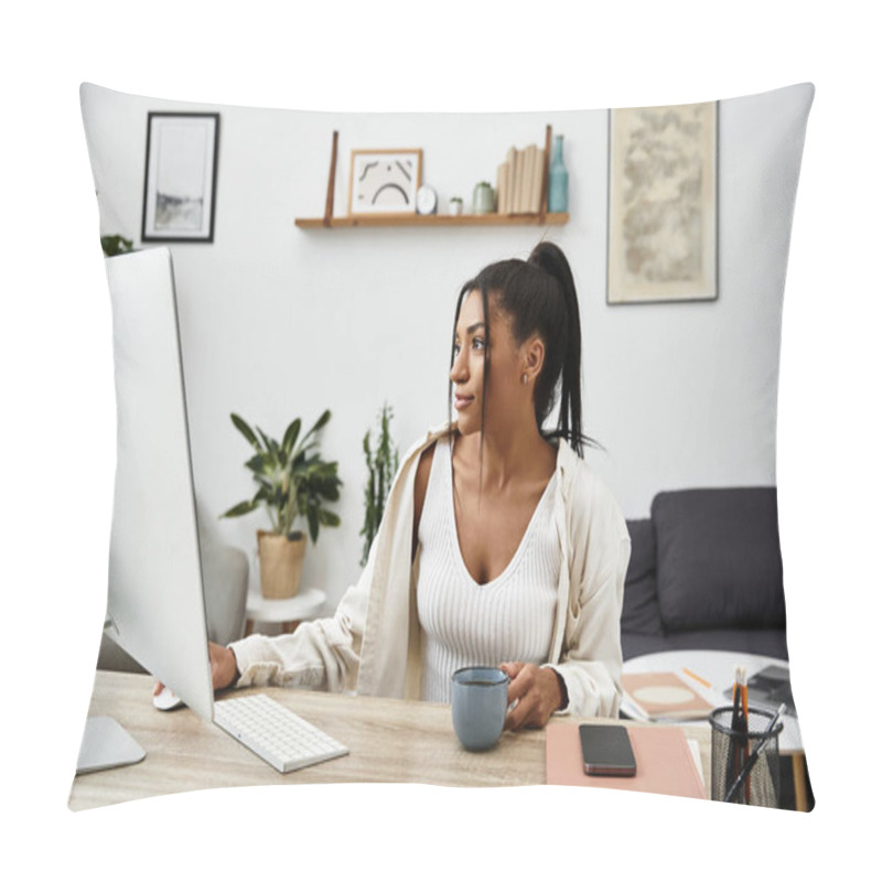 Personality  A Young Woman Enjoys Studying From Her Home, Surrounded By A Peaceful And Organized Workspace. Pillow Covers