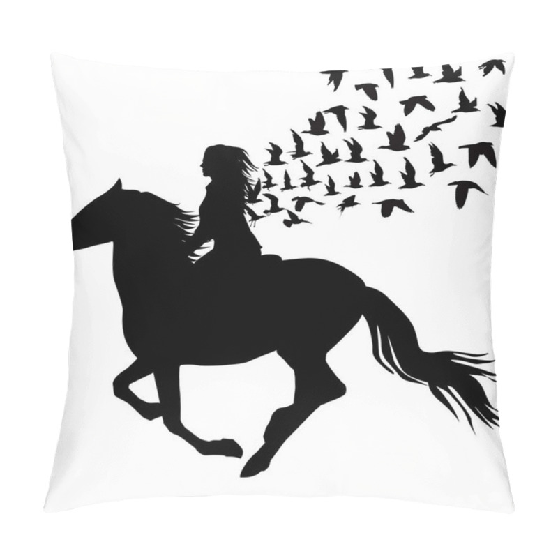 Personality  Abstract Illustration Of Woman Riding A Horse And Birds Silhouettes Flying Pillow Covers