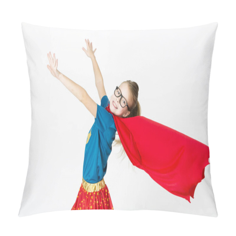 Personality  Blond Supergirl With Glasses And Red Robe Und Blue Shirt Is Posing In The Studio Pillow Covers