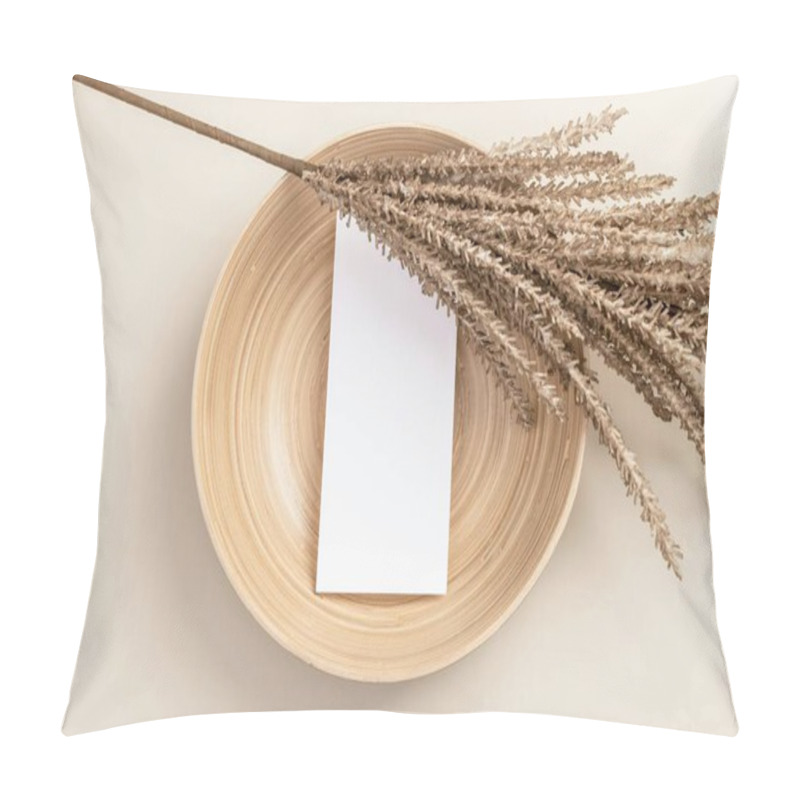 Personality  Elegant Arrangement With A Blank Card And Dried Foliage In A Wooden Bowl. Pillow Covers