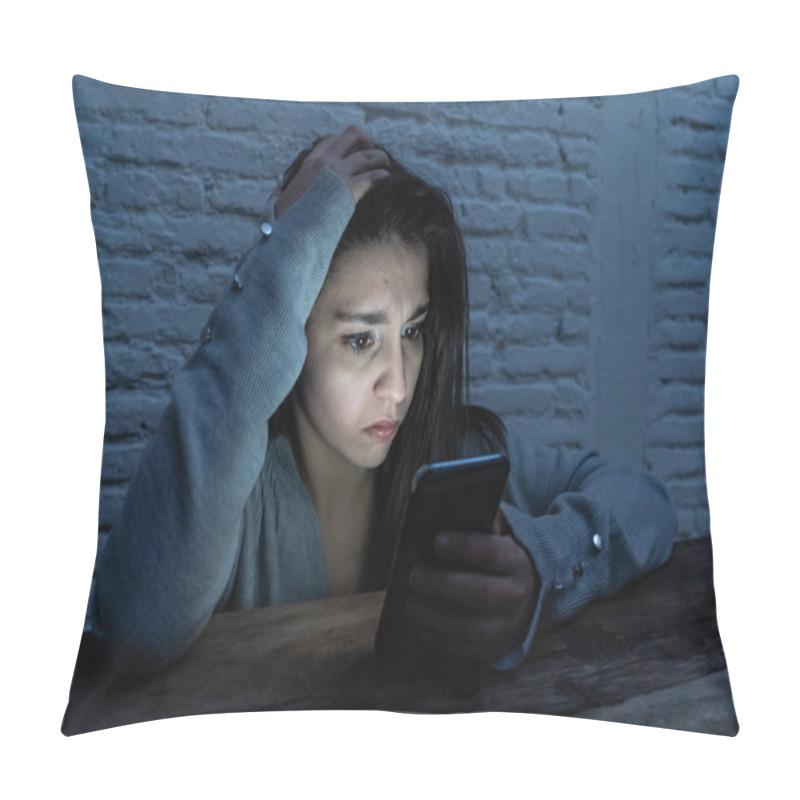 Personality  Dramatic Portrait Of Sad Scared Young Woman Victim Of Online Harassment And Cyberbullying. Looking At Smart Mobile Phone Stressed And In Fear Being Online Abused By Stalker. In Dangers Of Internet. Pillow Covers