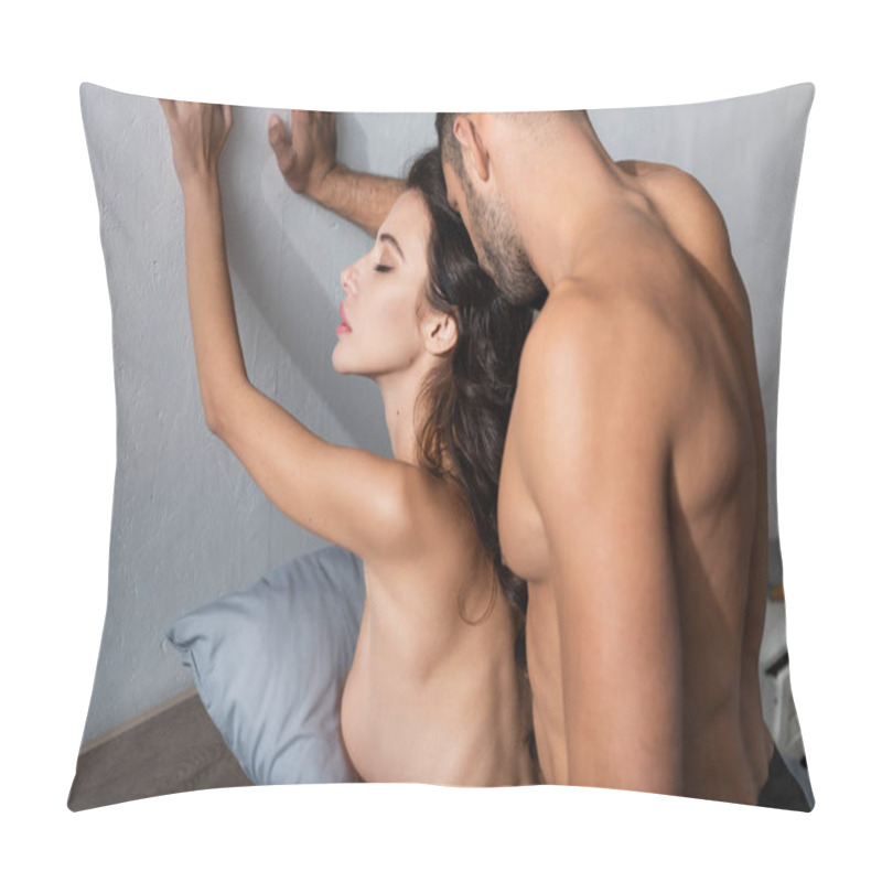 Personality  Muscular Man Standing Near Sensual Naked Girlfriend In Bedroom  Pillow Covers