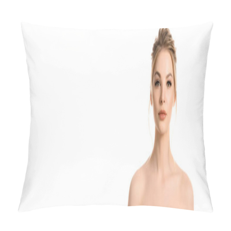 Personality  Naked Beautiful Blonde Woman With Makeup Looking At Camera Isolated On White, Panoramic Shot Pillow Covers