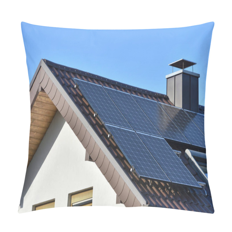 Personality  Solar Panels Installed On The Roof Of A House With Tiles In Europe Against The Background Of A Blue Sky. Pillow Covers