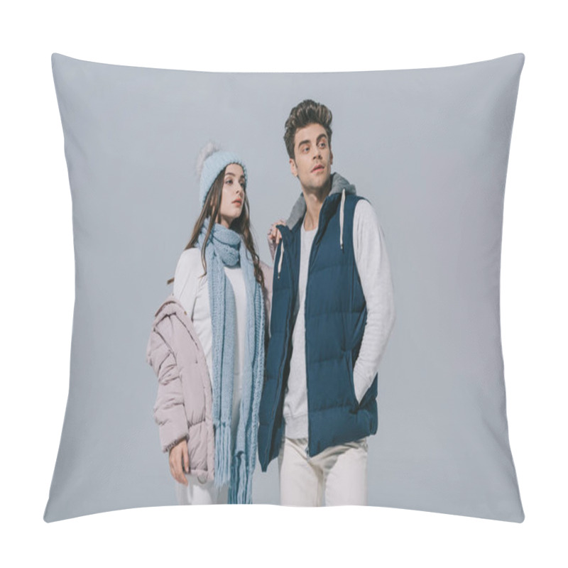 Personality  Beautiful Stylish Couple Posing In Winter Outfit, Isolated On Grey Pillow Covers