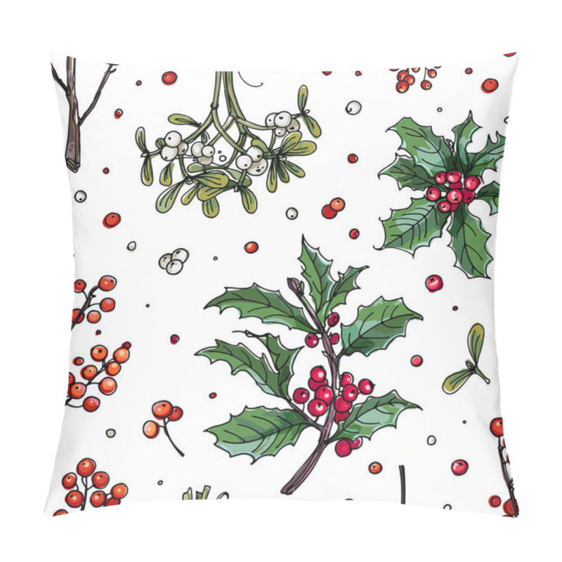 Personality  Pattern Christmas Decor, Plants Line Drawn On A White Background. Sketch Of Berries And Leaves. Winter Berries, Mistletoe, Holly Pillow Covers