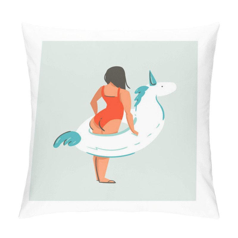 Personality  Hand Drawn Vector Abstract Cute Summer Time Fun Beach Young Girl Illustration With Unicorn Float Rubber Ring Isolated On Blue Background Pillow Covers